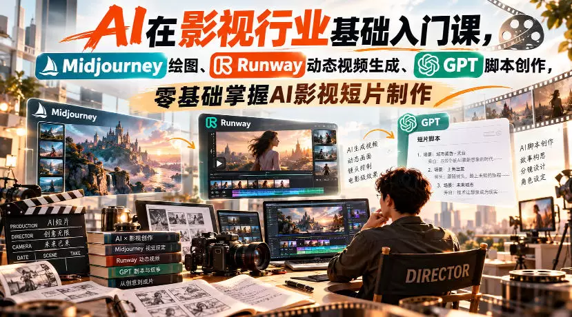 【无水印】AI在影视行业基础入门课，Midjourney绘图、Runway动态视频生成、GPT脚本创作，零基础掌握AI影视短片制作 - 青心资源站