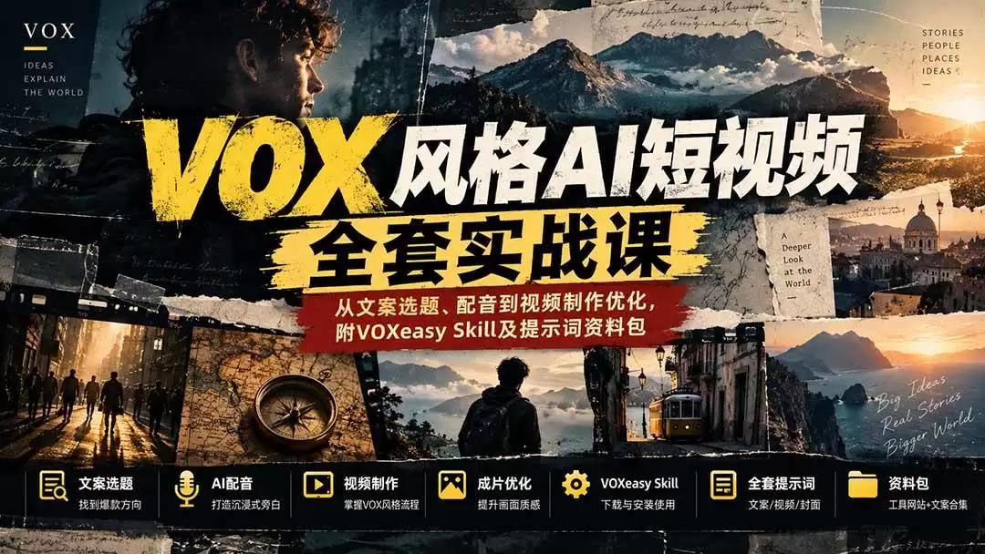（20677期）【无水印】VOX风格AI短视频全套实战课：从文案选题、配音到视频制作优化，附VOXeasy Skill及提示词资料包 - 青心资源站