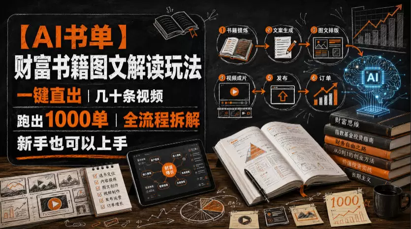【AI书单】财富书籍图文解读玩法,一键直出,几十条视频,跑出1000单,全流程拆解,新手也可以上手