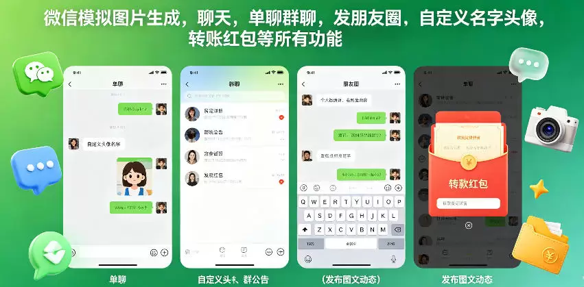微信模拟图片生成，聊天，单聊群聊，发朋友圈，自定义名字头像，转账红包等所有功能都可以生成|青心网创站