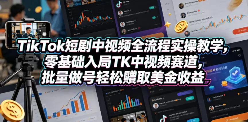 TikTok短剧中视频全流程实操教学，零基础入局TK中视频赛道，批量做号轻松賺取美金收益|青心网创站