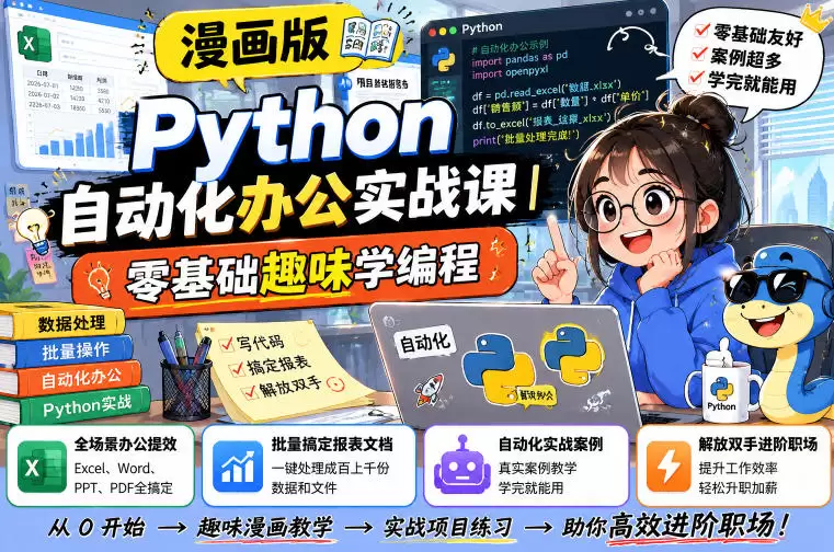 漫画版Python自动化办公实战课｜零基础趣味学编程，全场景办公提效、批量搞定报表文档、解放双手进阶职场|青心网创站
