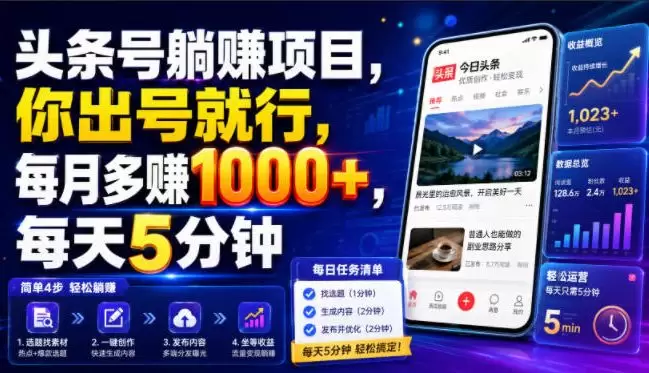 头条号躺賺项目，你出号就行，每月多賺1000+，每天5分钟，坐等分米【揭秘】|青心网创站