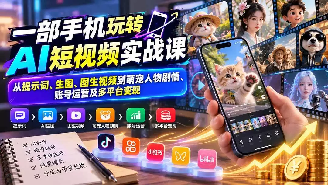 （20663期）一部手机玩转AI短视频实战课：从提示词、生图、图生视频到萌宠人物剧情、账号运营及多平台变现 - 青心资源站