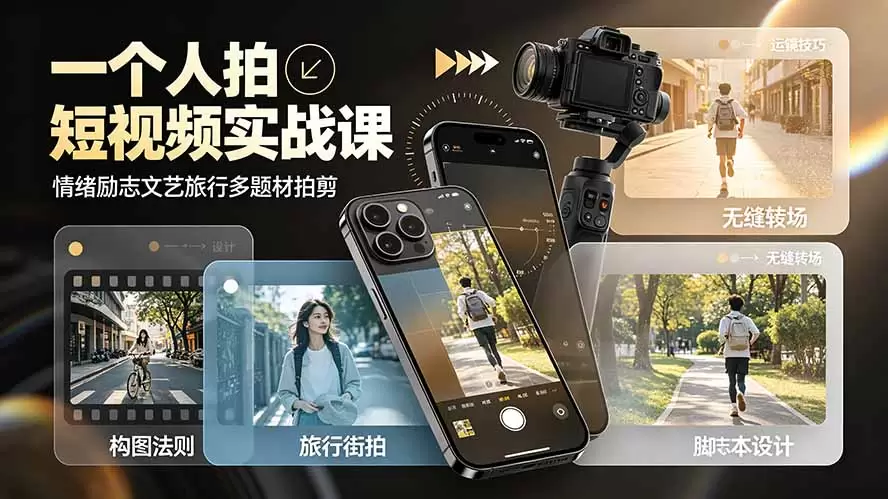 一个人拍短视频实战课：情绪励志文艺旅行多题材×五大景别×黄金构图×八大运镜，从拍摄到成片高效创作|青心网创站