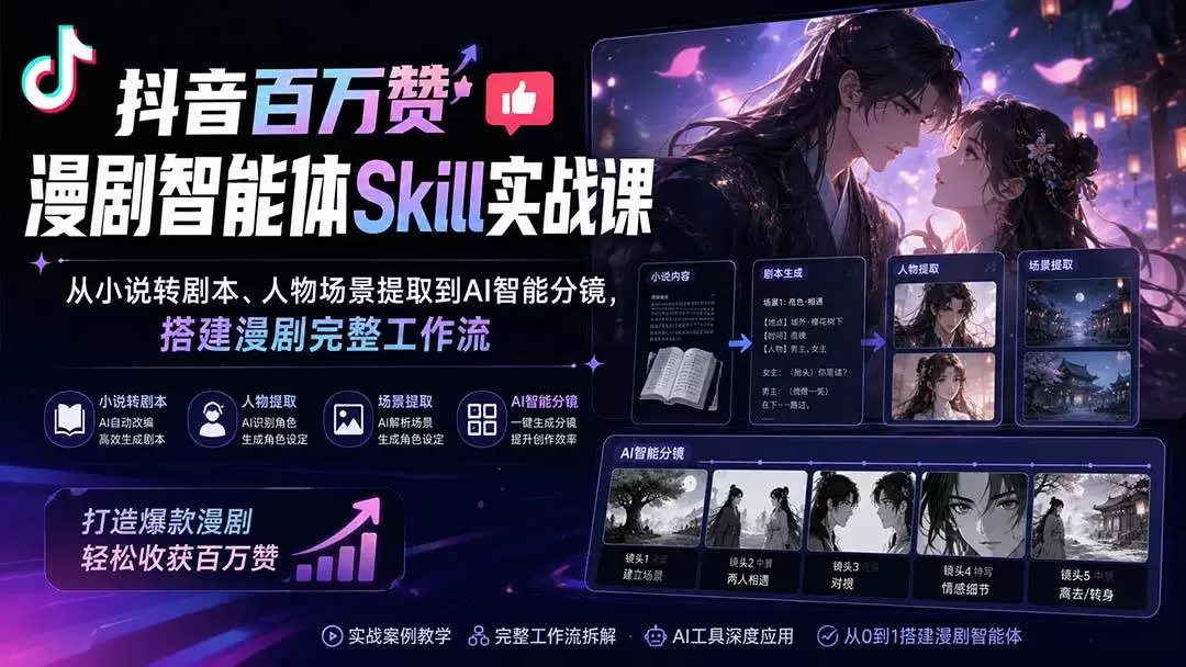 (20172期)抖音百万赞漫剧智能体Skill实战课:从小说转剧本、人物场景提取到AI智能分镜,搭建漫剧完整工作流 (20172期)抖音百万赞漫剧智能体Skill实战课:从小说转剧本、人物场景提取到AI智能分镜,搭建漫剧完整工作流