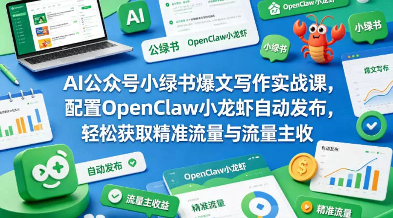 AI公众号小绿书爆文写作实战课，配置OpenClaw小龙虾自动发布，轻松获取精准流量与流量主收益|青心网创站