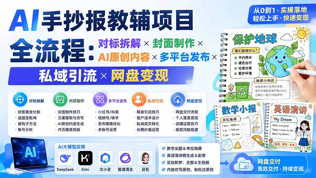 AI手抄报教辅项目全流程：对标拆解×封面制作×AI原创内容×多平台发布×私域引流×网盘变现|青心网创站