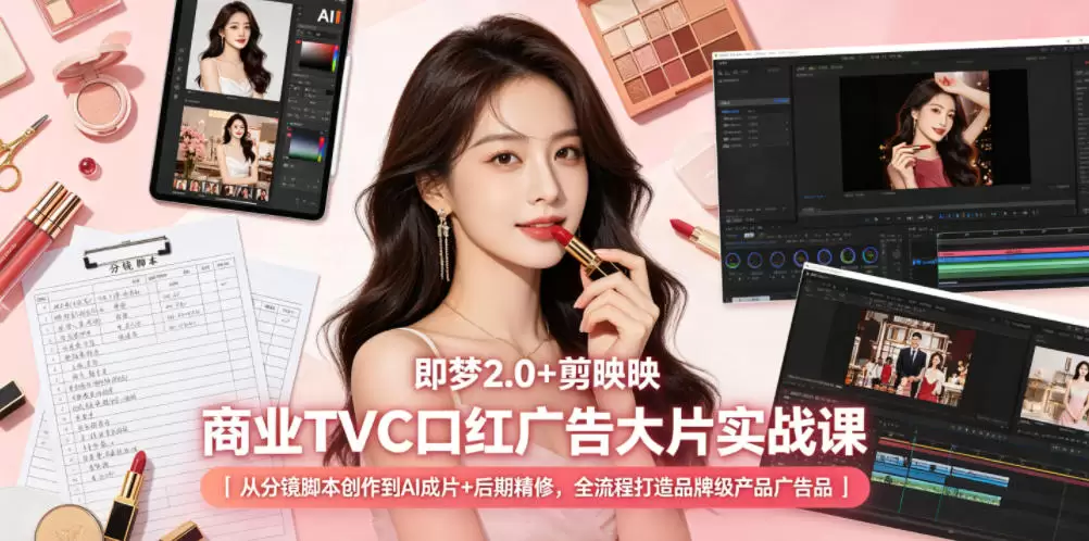 即梦2.0+剪映商业TVC口红广告大片实战课｜从分镜脚本创作到AI成片+后期精修，全流程打造品牌级产品广告|青心网创站