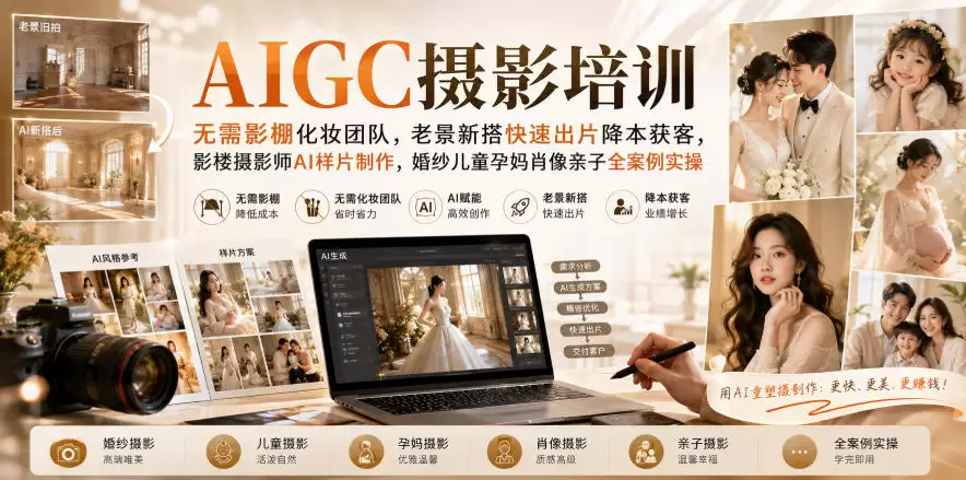 AIGC摄影培训｜无需影棚化妆团队，老景新搭快速出片降本获客，影楼摄影师AI样片制作，婚纱儿童孕妈肖像亲子全案例实操 - 青心资源站