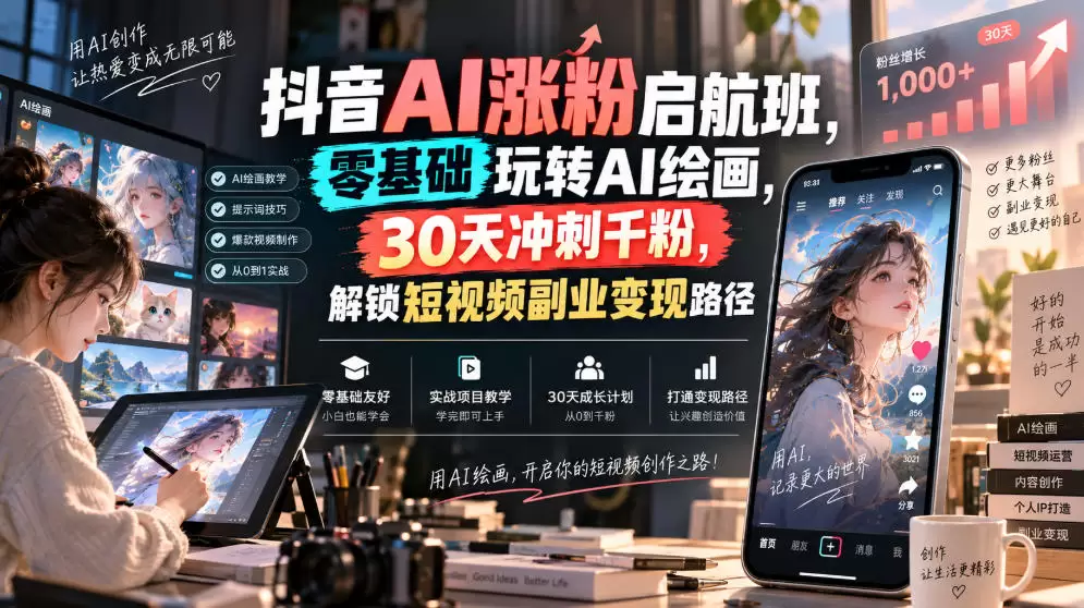 抖音AI涨粉启航班，零基础玩转AI绘画，30天冲刺千粉，解锁短视频副业变现路径 - 青心资源站