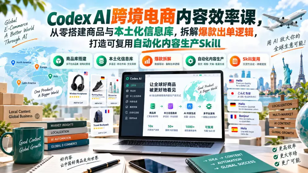 Codex AI跨境电商内容效率课，从零搭建商品与本土化信息库，拆解爆款出单逻辑，打造可复用自动化内容生产Skill - 青心资源站