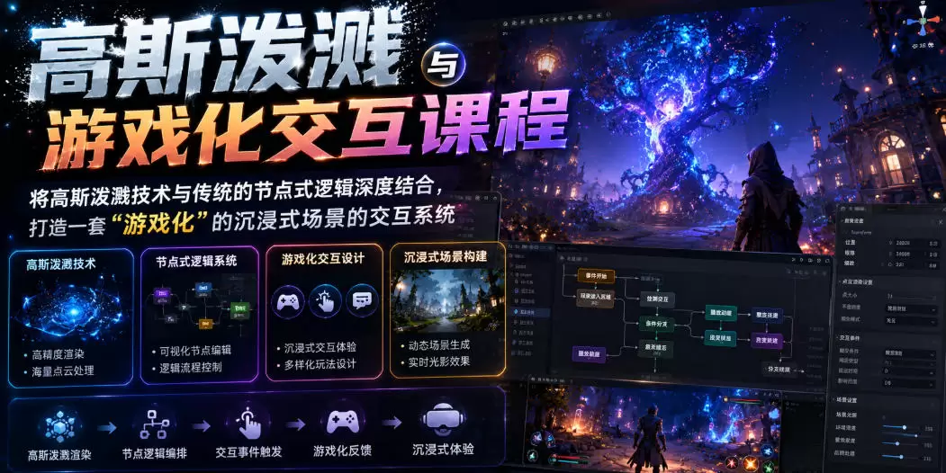 高斯泼溅与游戏化交互课程，将高斯泼溅技术与传统的节点式逻辑深度结合，打造一套“游戏化”的沉浸式场景的交互系统|青心网创站