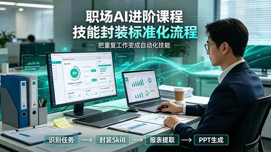 职场AI进阶课程；多类实用Skill工具实操，专属技能封装标准化流程，报表行业报告一键提取核心内容|青心网创站