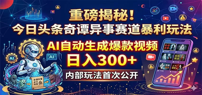 重磅揭秘！今日头条奇谭异事赛道暴利玩法：AI自动生成爆款视频，日入300+|青心网创站