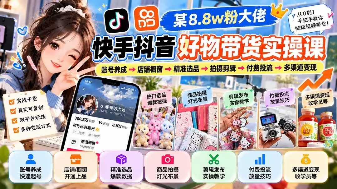 (20733期)某8.8w粉大佬快手抖音好物带货实操课:账号养成→店铺橱窗→精准选品→拍摄剪辑→付费投流→多渠道变现 (20733期)某8.8w粉大佬快手抖音好物带货实操课:账号养成→店铺橱窗→精准选品→拍摄剪辑→付费投流→多渠道变现