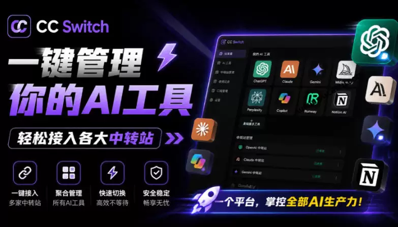 一键给Chatgpt、Codex、Claude接入地第三方中转站,CC Switch统一管理你的AI编程工具工作流 一键给Chatgpt、Codex、Claude接入地第三方中转站,CC Switch统一管理你的AI编程工具工作流