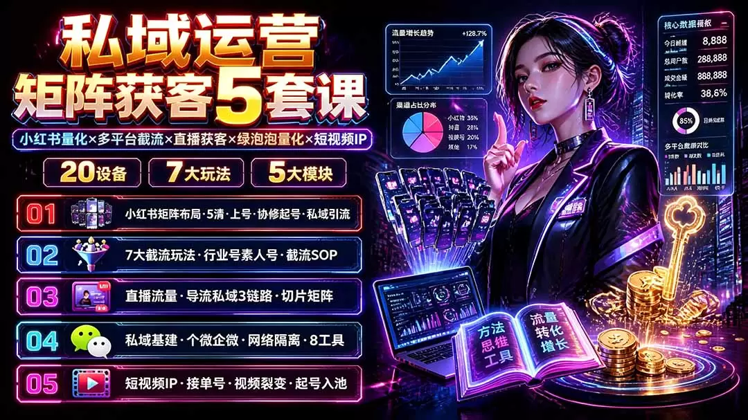 私域运营矩阵获客5套课：小红书量化×多平台截流×直播获客×绿泡泡量化×短视频IP×20设备×7大玩法|青心网创站