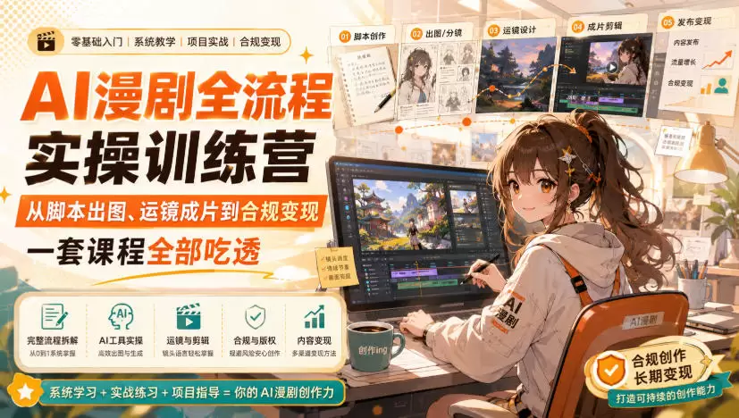 AI漫剧全流程实操训练营，从脚本出图、运镜成片到合规变现，一套课程全部吃透 - 青心资源站
