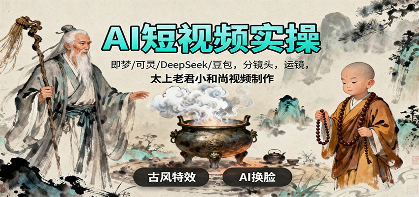 AI短视频实操,即梦/可灵/DeepSeek/豆包,分镜头,运镜,太上老君小和尚视频制作-青心网创站