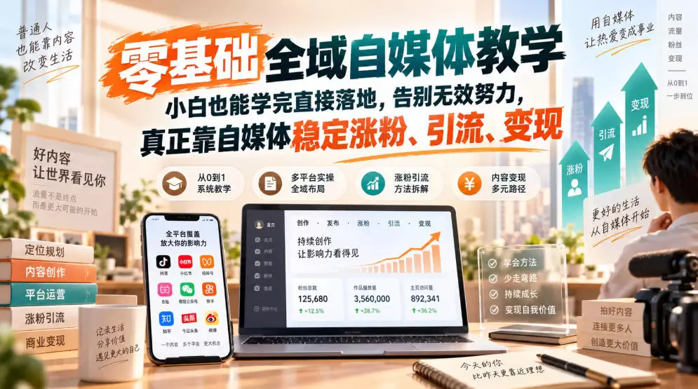 零基础全域自媒体教学，小白也能学完直接落地，告别无效努力，真正靠自媒体稳定涨粉、引流、变现 - 青心资源站