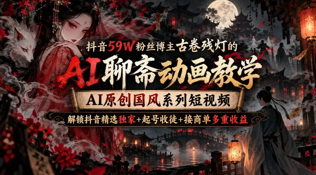 抖音59W粉丝博主古卷残灯的AI聊斋动画教学，AI原创国风系列短视频，解锁抖音精选独家+起号收徒+接商单多重收益 - 青心资源站