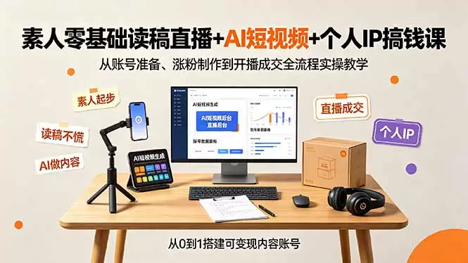 素人零基础读稿直播+AI短视频+个人IP搞钱课，从账号准备、涨粉制作到开播成交全流程实操教学|青心网创站