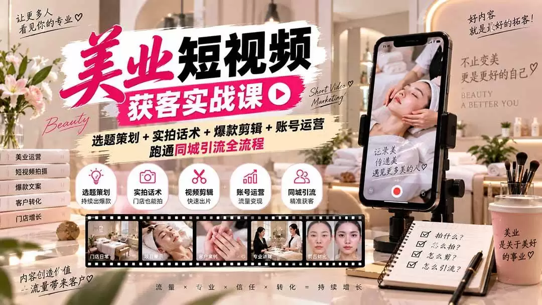 （20586期）美业短视频获客实战课-无水印：选题策划+实拍话术+爆款剪辑+账号运营，跑通同城引流全流程 - 青心资源站