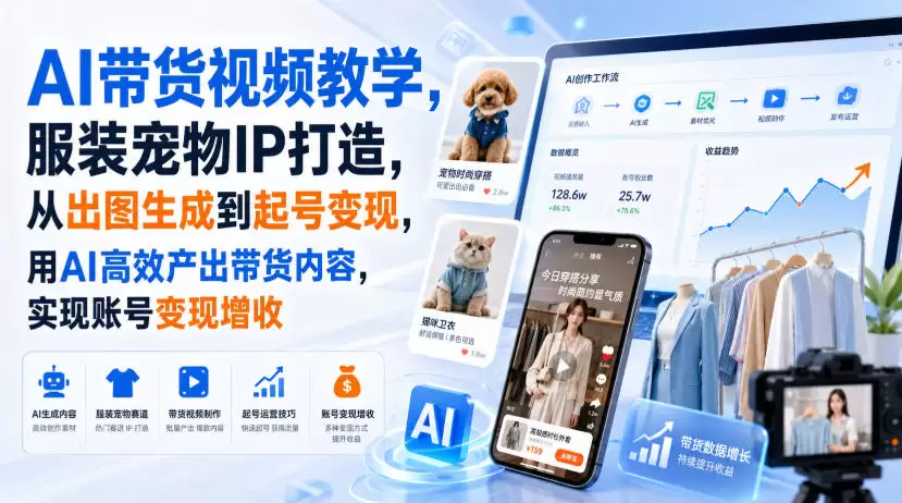 AI带货视频教学，服装宠物IP打造，从出图生成到起号变现，用AI高效产出带货内容，实现账号变现增收|青心网创站