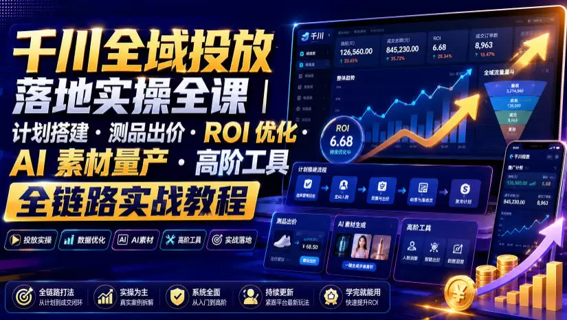 千川全域投放落地实操全课｜计划搭建・测品出价・ROI优化・AI素材量产・高阶工具全链路实战教程|青心网创站