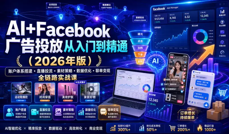 AI+Facebook广告投放从入门到精通（2026年版）｜账户体系搭建・直播投流・素材策略・数据优化・聊单变现全链路实战课|青心网创站